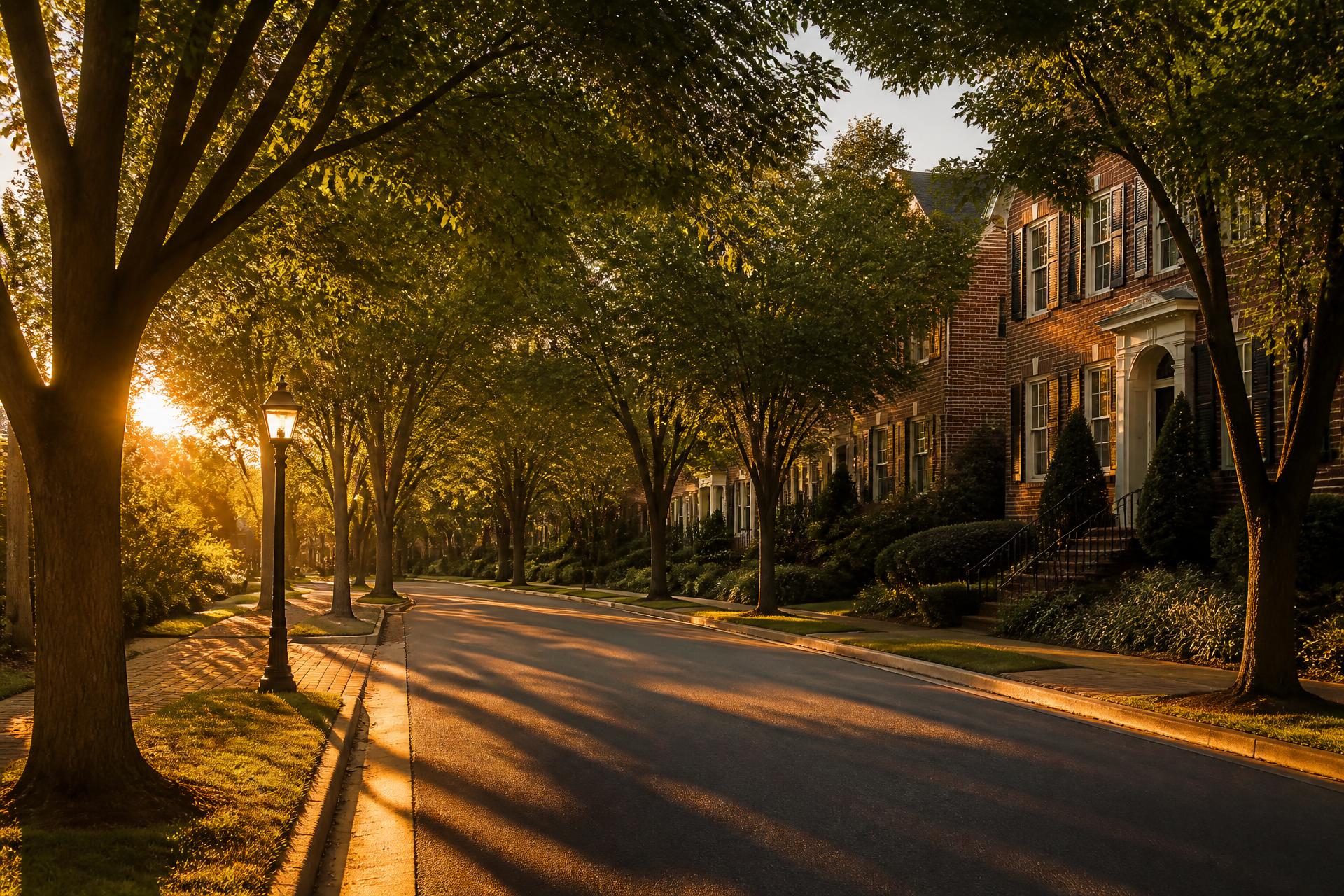 Maryland suburban neighborhood at golden hour