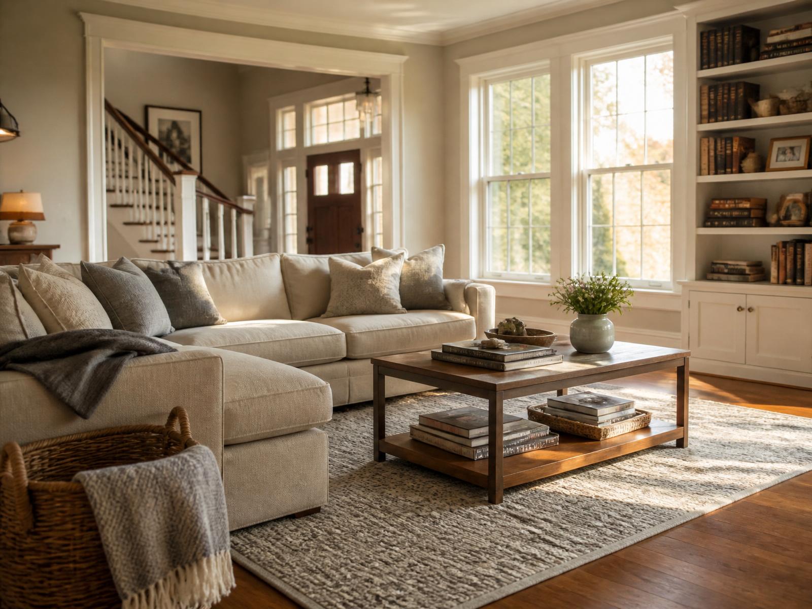 Warm sunlit family living room in a suburban Maryland home